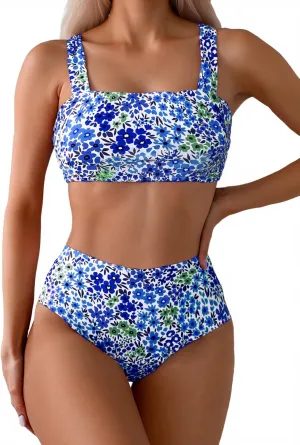 Fanuerg Women's High Waisted Bikini Sets Wide Straps Two Piece Swimsuit Floral Print Bathing Suits