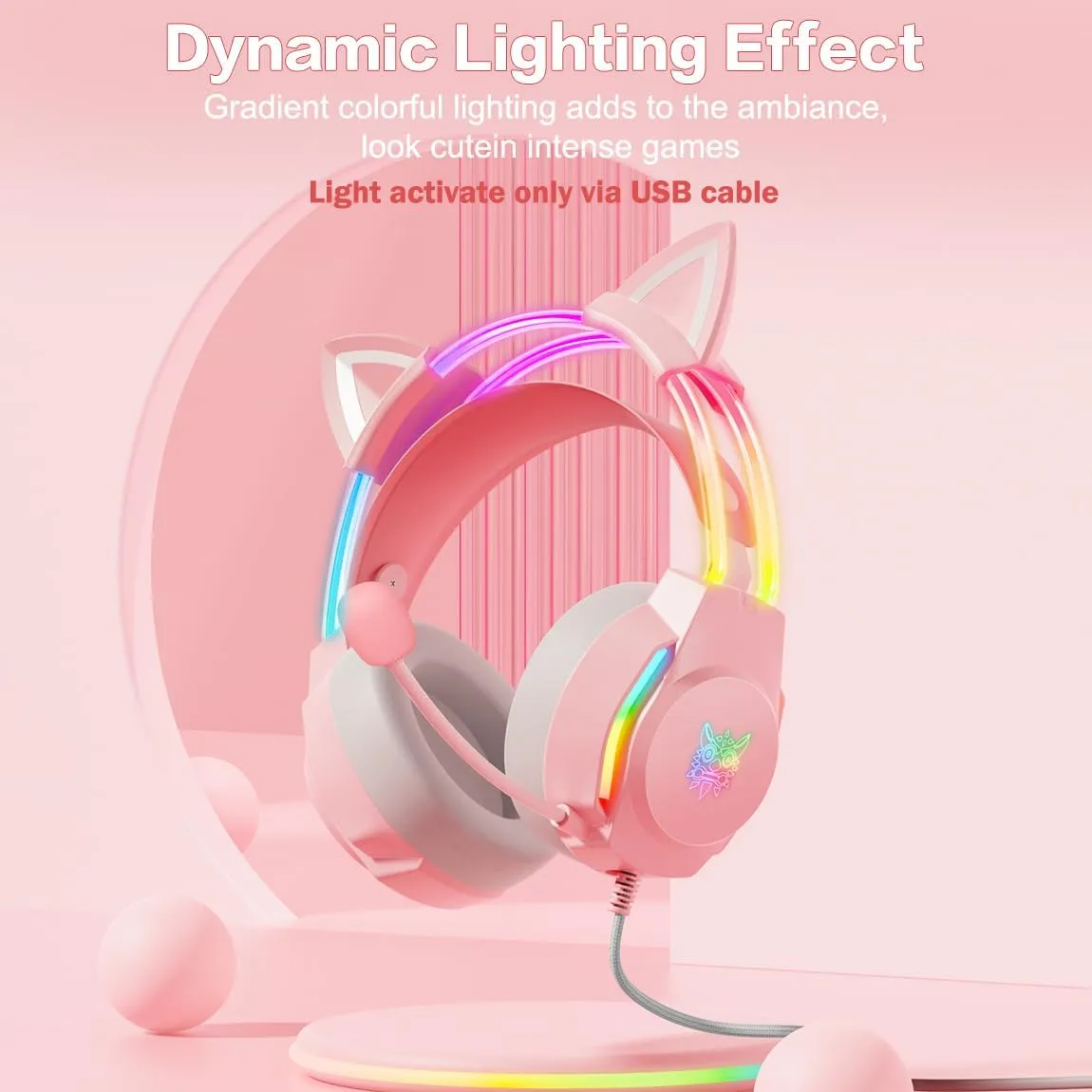 Gaming Headset with Microphone, Cat Ear Headphones for PC Laptop PS4 PS5 Xbox Switch, Rainbow RGB Lighting & Virtual Surround Sound, 3.5mm Wired Over Ear Headphones, Ergonomic