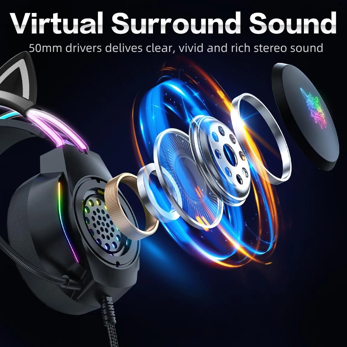 Gaming Headset with Microphone, Cat Ear Headphones for PC Laptop PS4 PS5 Xbox Switch, Rainbow RGB Lighting & Virtual Surround Sound, 3.5mm Wired Over Ear Headphones, Ergonomic