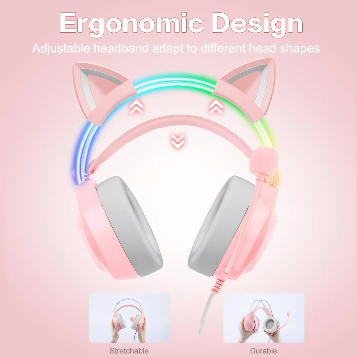 Gaming Headset with Microphone, Cat Ear Headphones for PC Laptop PS4 PS5 Xbox Switch, Rainbow RGB Lighting & Virtual Surround Sound, 3.5mm Wired Over Ear Headphones, Ergonomic