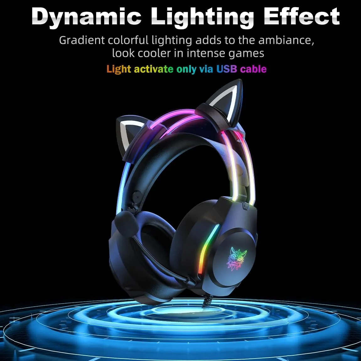 Gaming Headset with Microphone, Cat Ear Headphones for PC Laptop PS4 PS5 Xbox Switch, Rainbow RGB Lighting & Virtual Surround Sound, 3.5mm Wired Over Ear Headphones, Ergonomic