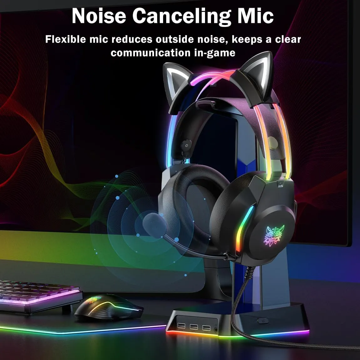 Gaming Headset with Microphone, Cat Ear Headphones for PC Laptop PS4 PS5 Xbox Switch, Rainbow RGB Lighting & Virtual Surround Sound, 3.5mm Wired Over Ear Headphones, Ergonomic