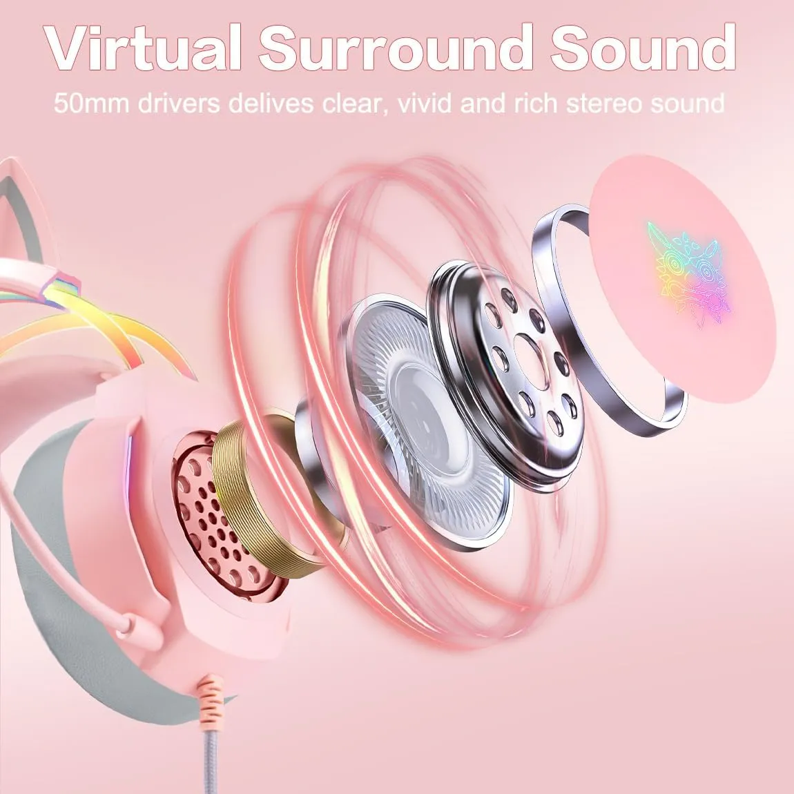 Gaming Headset with Microphone, Cat Ear Headphones for PC Laptop PS4 PS5 Xbox Switch, Rainbow RGB Lighting & Virtual Surround Sound, 3.5mm Wired Over Ear Headphones, Ergonomic