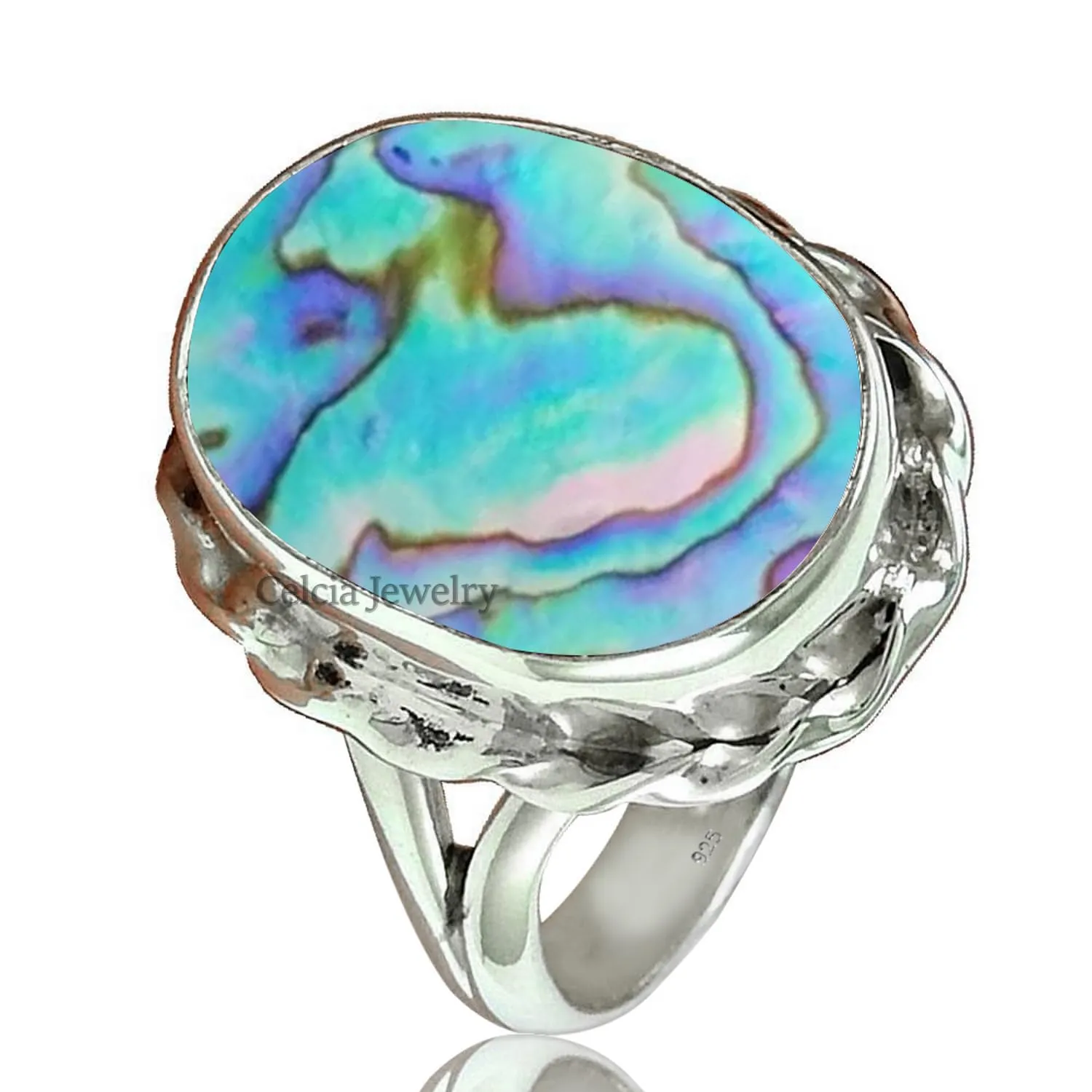 Genuine Abalone Shell Beautiful Gemstone Oval Ring, Pure 925 Sterling Silver Womens Ring, Statement Ring, Delicate Ring, Unique Anniversary Gifts for Mom (Abalone Shell, Size 7)