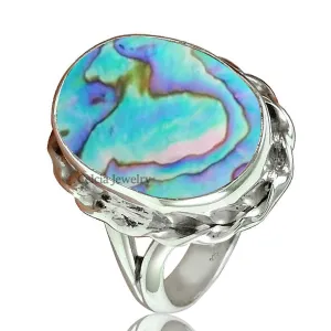 Genuine Abalone Shell Beautiful Gemstone Oval Ring, Pure 925 Sterling Silver Womens Ring, Statement Ring, Delicate Ring, Unique Anniversary Gifts for Mom (Abalone Shell, Size 7)