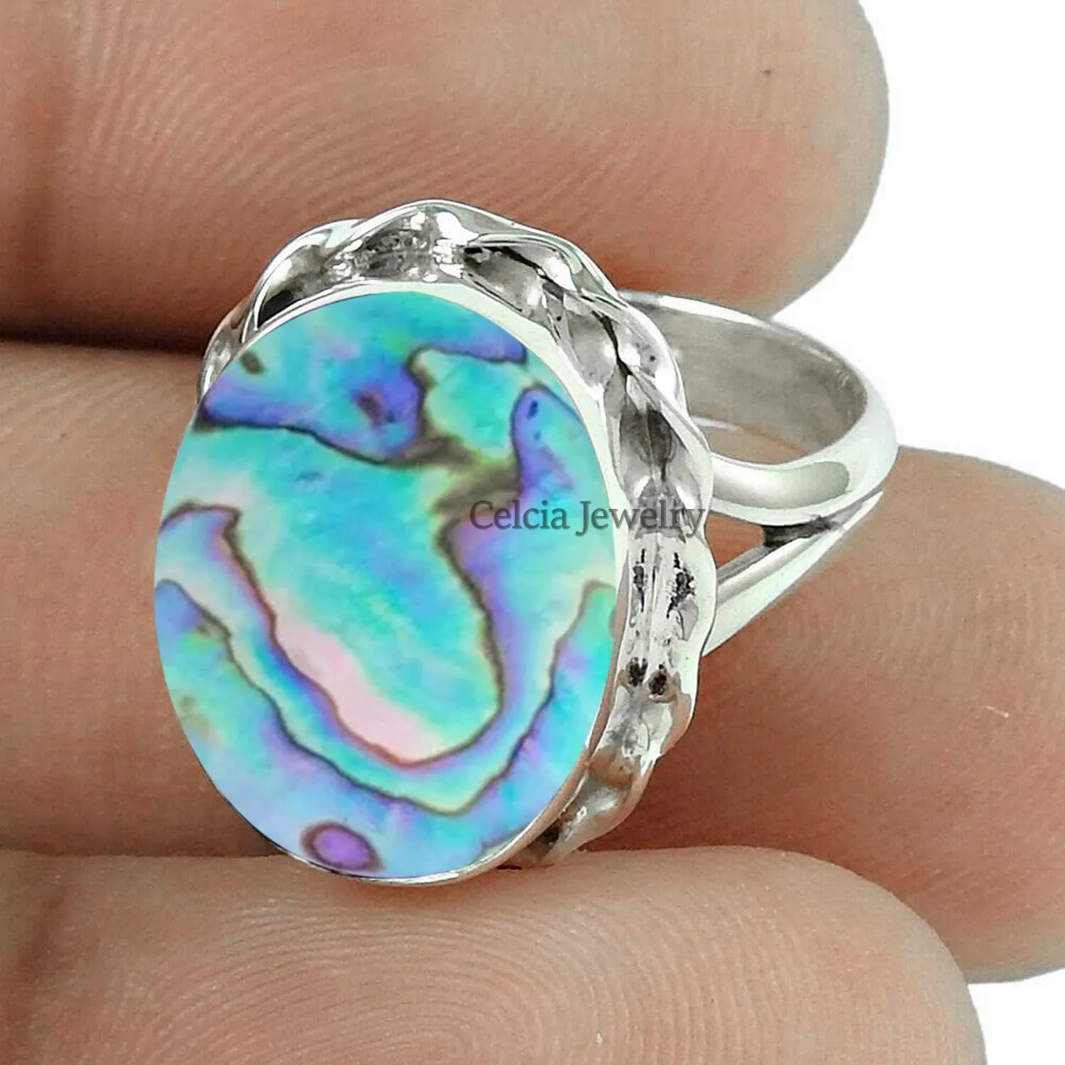 Genuine Abalone Shell Beautiful Gemstone Oval Ring, Pure 925 Sterling Silver Womens Ring, Statement Ring, Delicate Ring, Unique Anniversary Gifts for Mom (Abalone Shell, Size 7)