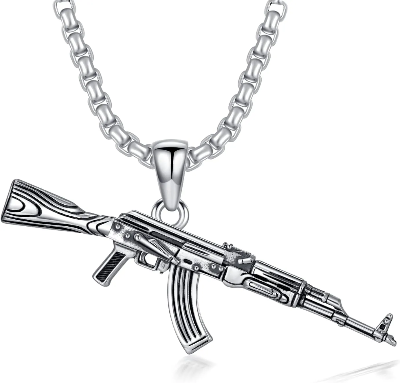 Gun Necklace 925 Sterling Silver Hip Hop AK-47 Gun Pendant Necklace for Men
