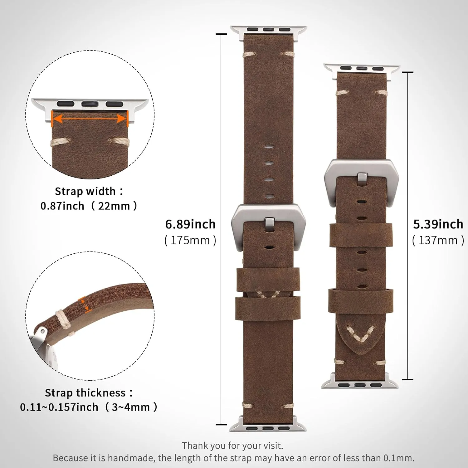 Handmade Double Sided Leather Bands Compatible with Apple Watch Ultra 2/Ultra Band 49mm 46mm 45mm 44mm 42mm 41mm,Men Retro Design Grain Genuine Leather Band For iWatch Series SE 10 9 8 7 6 5 4 3 2 1