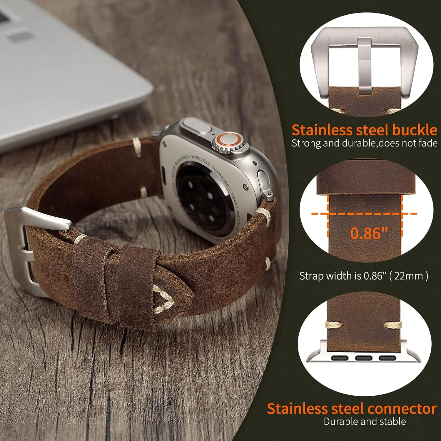 Handmade Double Sided Leather Bands Compatible with Apple Watch Ultra 2/Ultra Band 49mm 46mm 45mm 44mm 42mm 41mm,Men Retro Design Grain Genuine Leather Band For iWatch Series SE 10 9 8 7 6 5 4 3 2 1