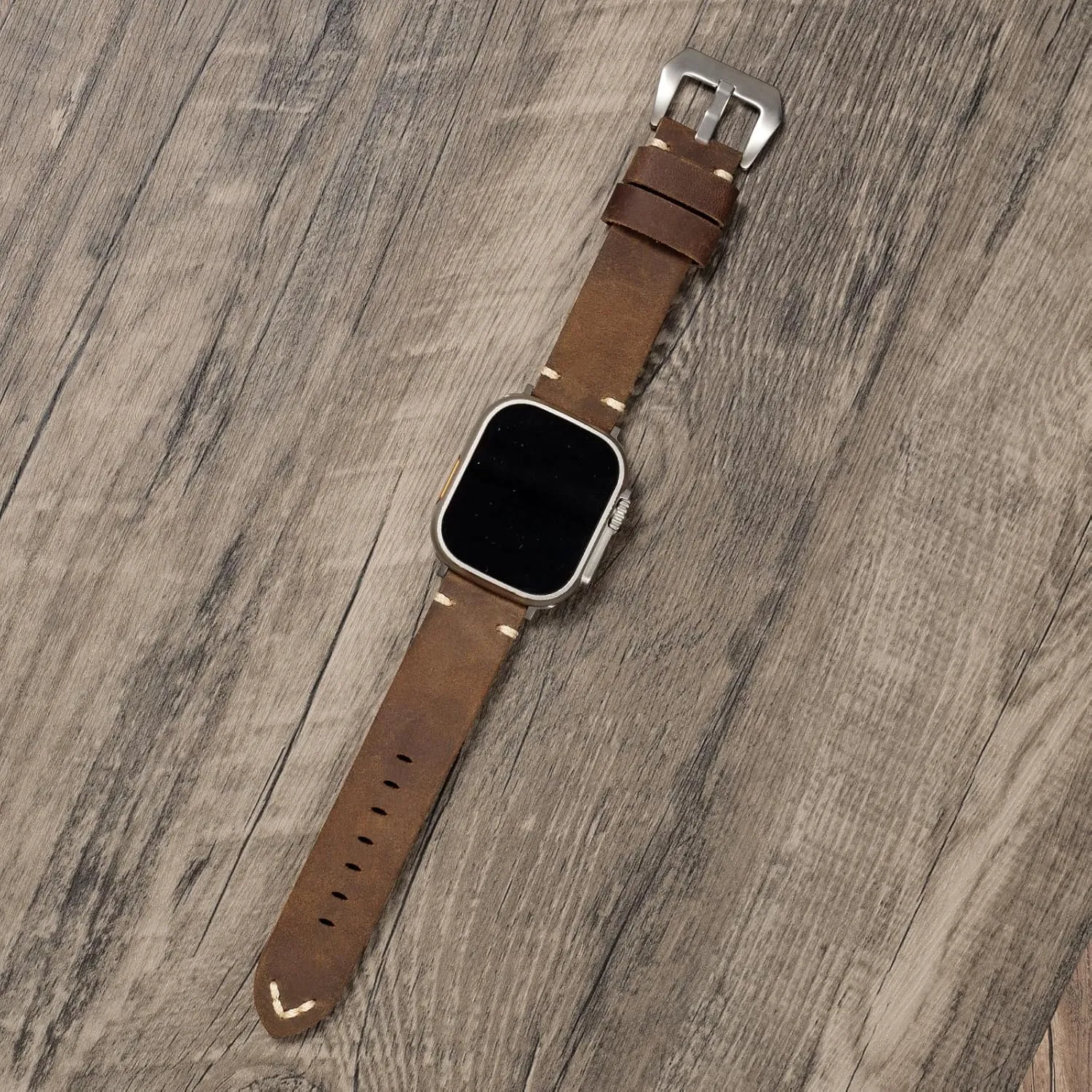 Handmade Double Sided Leather Bands Compatible with Apple Watch Ultra 2/Ultra Band 49mm 46mm 45mm 44mm 42mm 41mm,Men Retro Design Grain Genuine Leather Band For iWatch Series SE 10 9 8 7 6 5 4 3 2 1