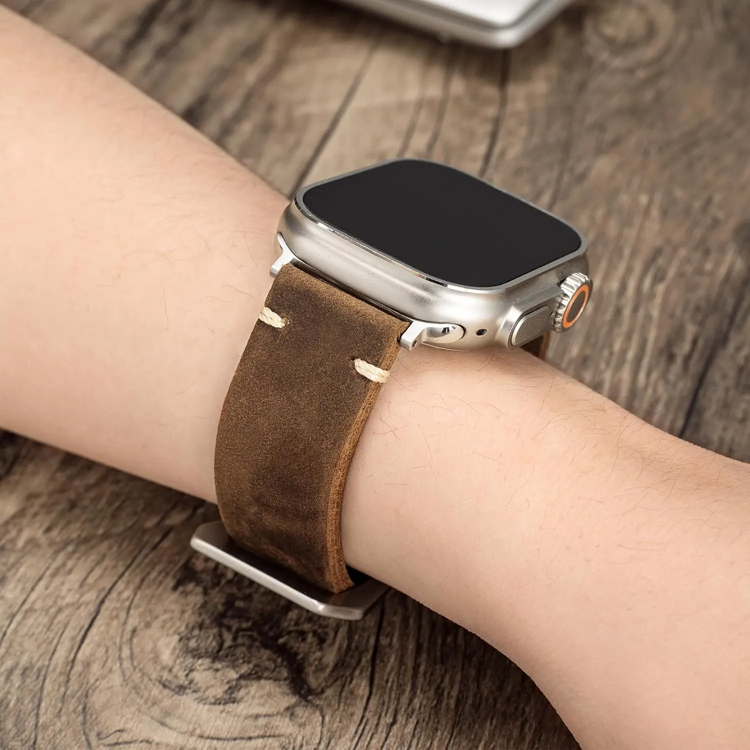 Handmade Double Sided Leather Bands Compatible with Apple Watch Ultra 2/Ultra Band 49mm 46mm 45mm 44mm 42mm 41mm,Men Retro Design Grain Genuine Leather Band For iWatch Series SE 10 9 8 7 6 5 4 3 2 1