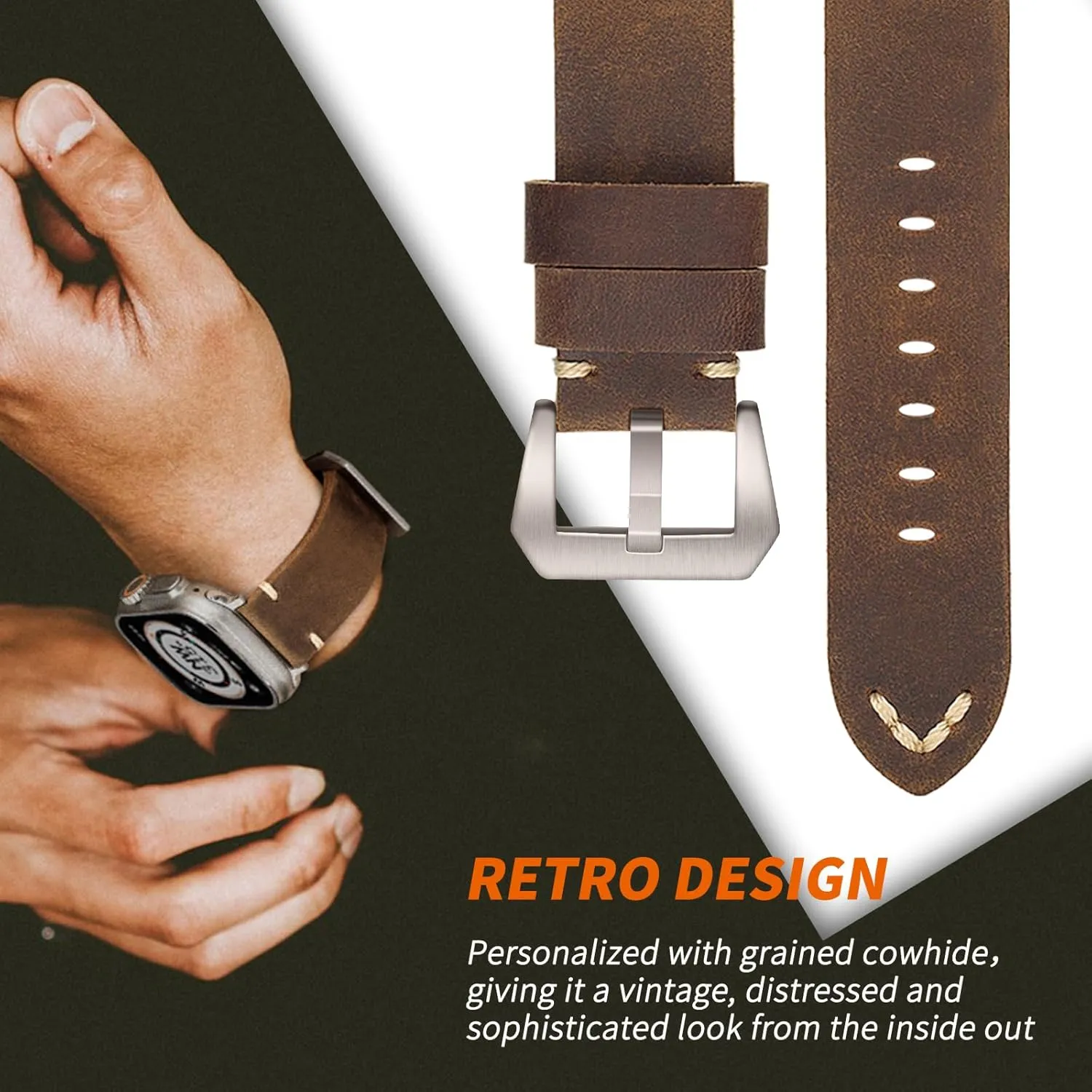 Handmade Double Sided Leather Bands Compatible with Apple Watch Ultra 2/Ultra Band 49mm 46mm 45mm 44mm 42mm 41mm,Men Retro Design Grain Genuine Leather Band For iWatch Series SE 10 9 8 7 6 5 4 3 2 1