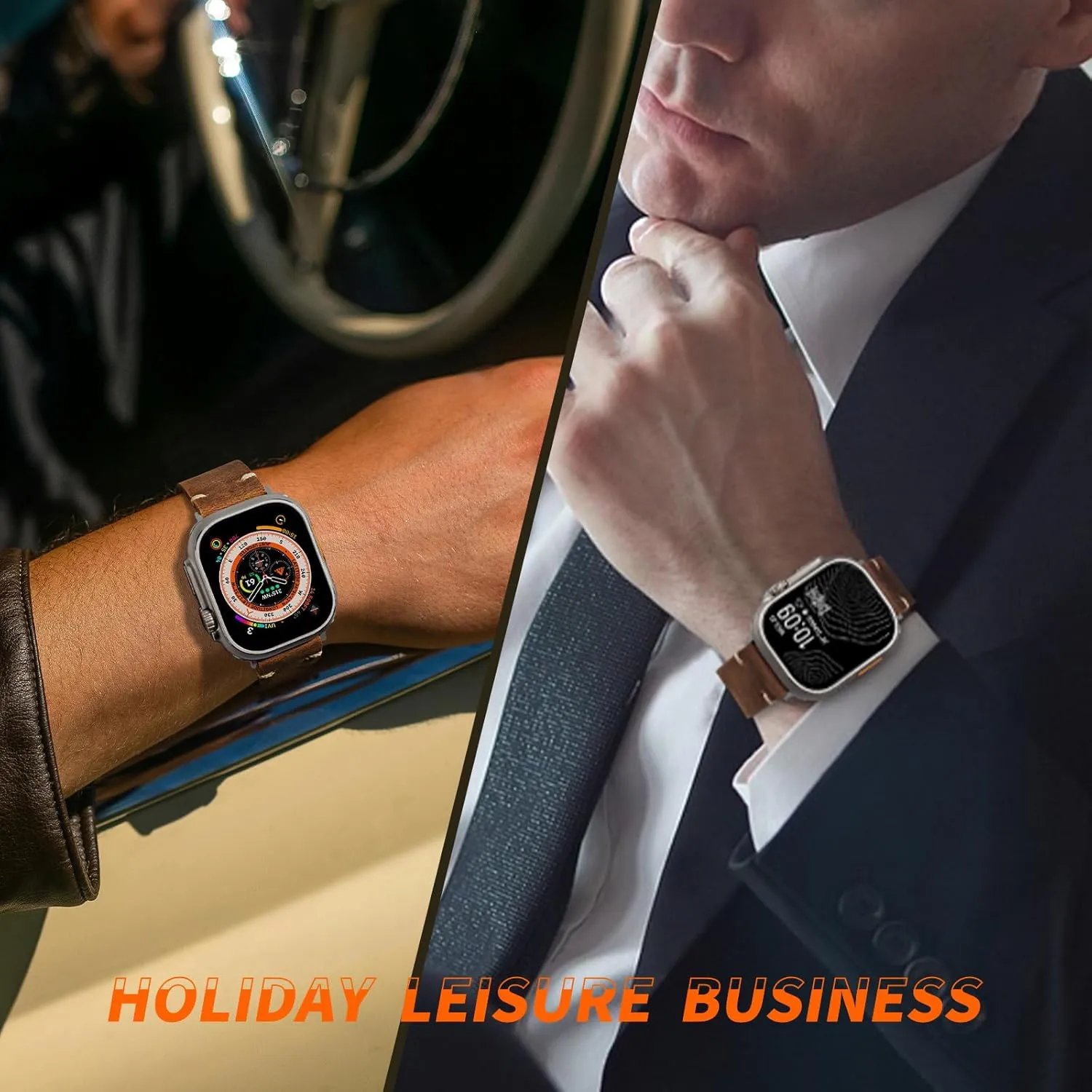Handmade Double Sided Leather Bands Compatible with Apple Watch Ultra 2/Ultra Band 49mm 46mm 45mm 44mm 42mm 41mm,Men Retro Design Grain Genuine Leather Band For iWatch Series SE 10 9 8 7 6 5 4 3 2 1