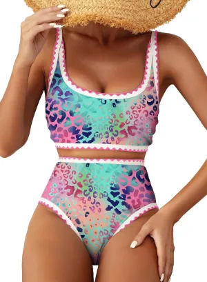 Herseas Women's Bikini Sets Floral Print Whip Stitch 2 Piece Swimsuits High Waisted Scoop Bathing Suits