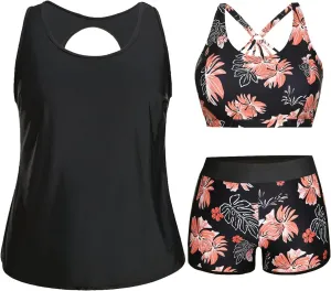 Holipick Women Plus Size 3 Piece Tankini Swimsuits Tummy Control Bathing Suits with Boy Shorts Tank Top with Sports Bra