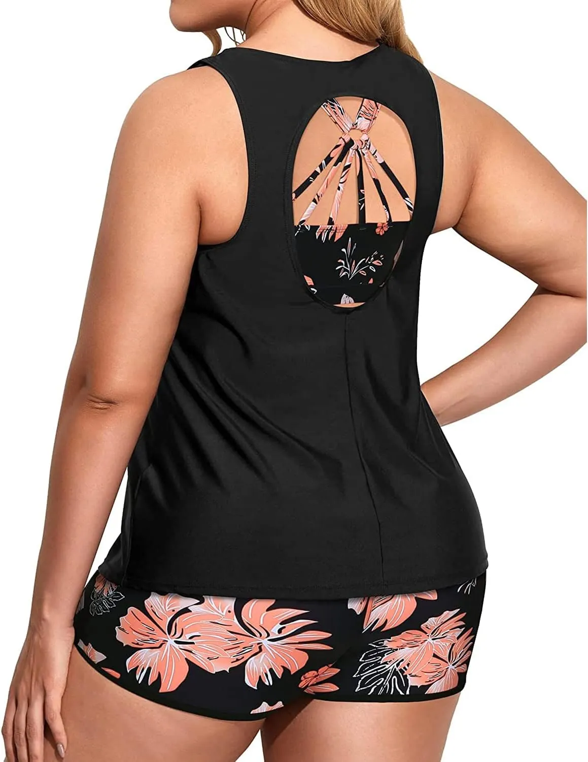 Holipick Women Plus Size 3 Piece Tankini Swimsuits Tummy Control Bathing Suits with Boy Shorts Tank Top with Sports Bra