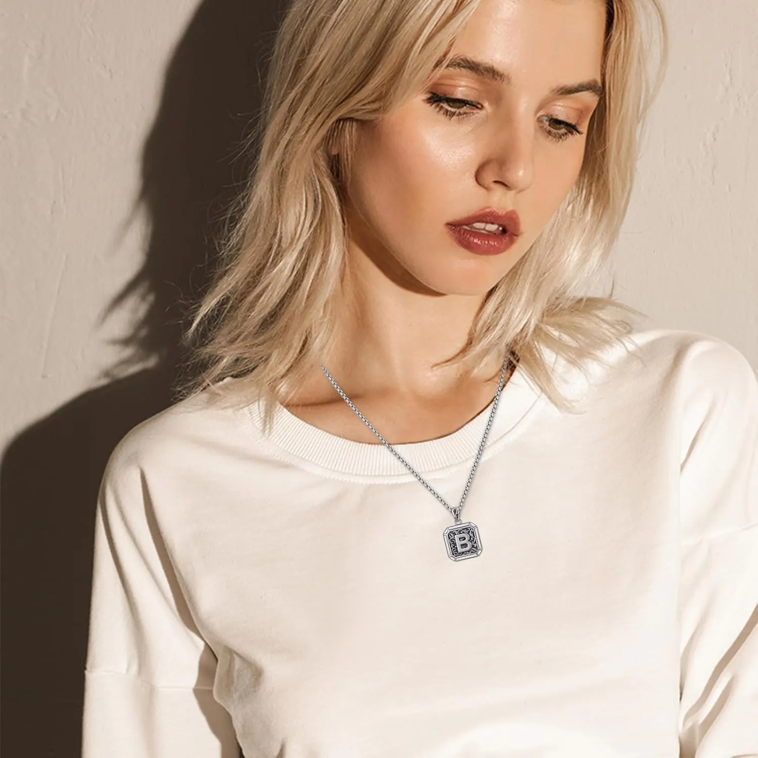 Initial Letter Necklace 925 Sterling Silver Unisex Retro Letter Pendant,Square Initial Necklace Jewelry Birthday Gifts for Men Father Husband