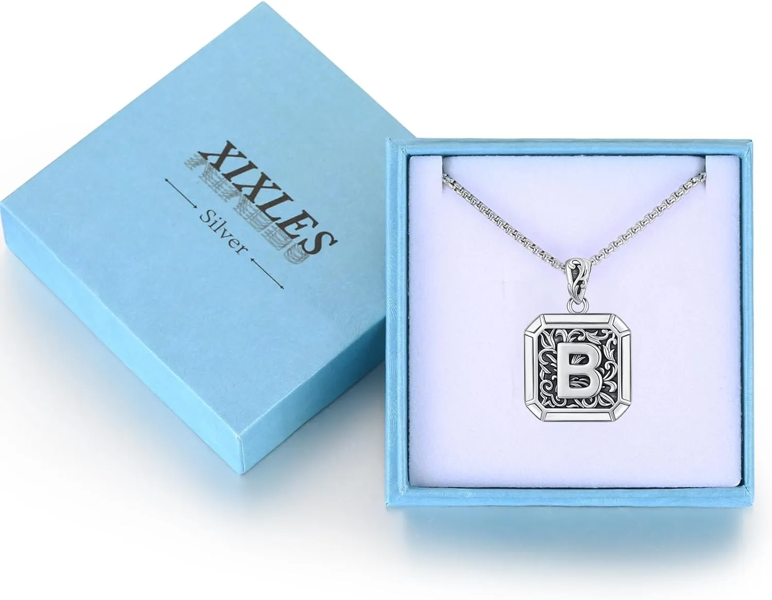 Initial Letter Necklace 925 Sterling Silver Unisex Retro Letter Pendant,Square Initial Necklace Jewelry Birthday Gifts for Men Father Husband