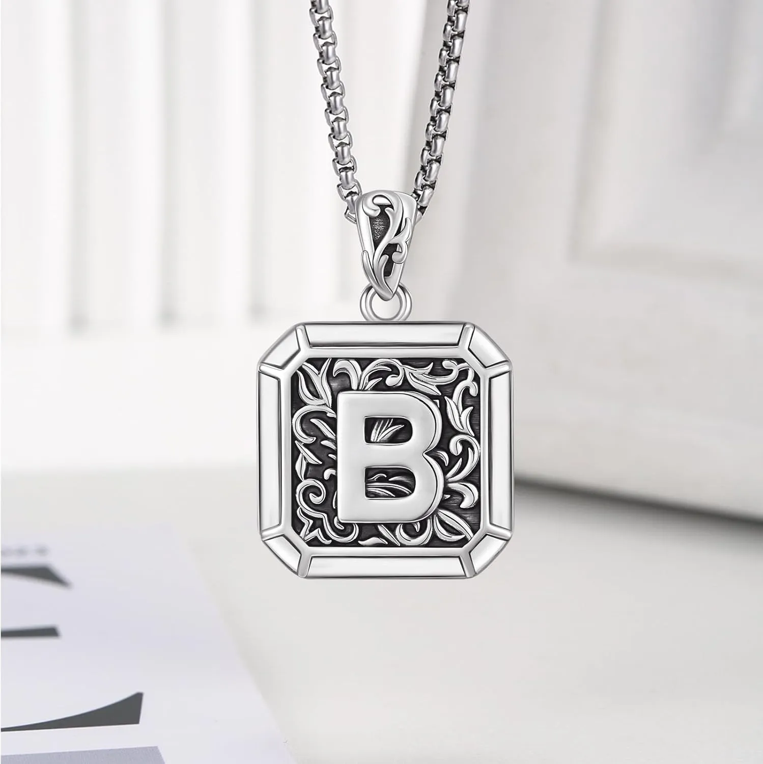 Initial Letter Necklace 925 Sterling Silver Unisex Retro Letter Pendant,Square Initial Necklace Jewelry Birthday Gifts for Men Father Husband