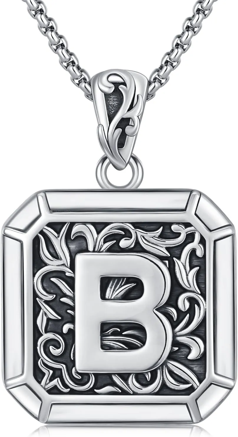 Initial Letter Necklace 925 Sterling Silver Unisex Retro Letter Pendant,Square Initial Necklace Jewelry Birthday Gifts for Men Father Husband