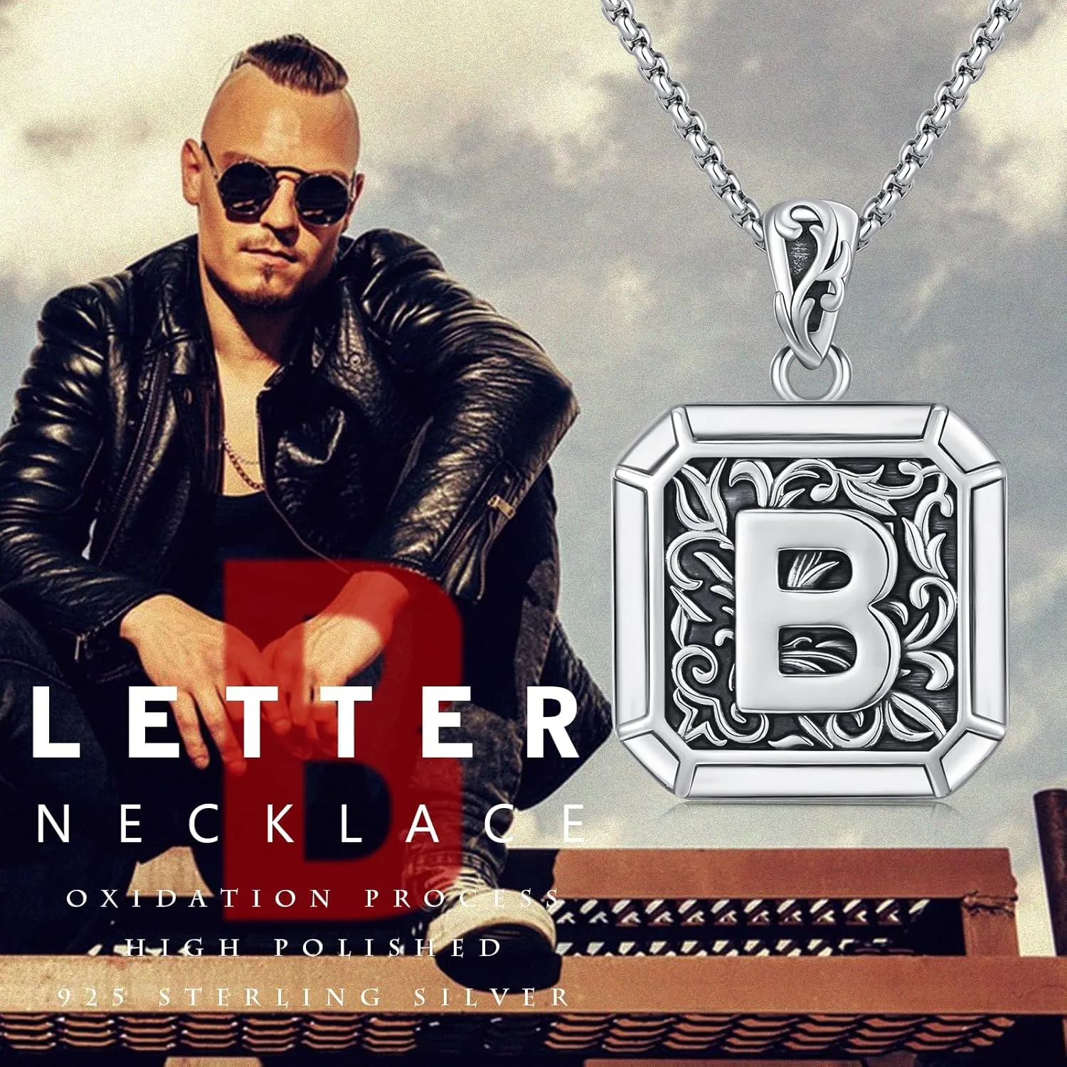 Initial Letter Necklace 925 Sterling Silver Unisex Retro Letter Pendant,Square Initial Necklace Jewelry Birthday Gifts for Men Father Husband