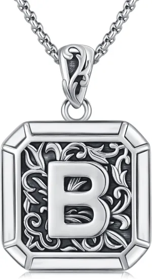 Initial Letter Necklace 925 Sterling Silver Unisex Retro Letter Pendant,Square Initial Necklace Jewelry Birthday Gifts for Men Father Husband