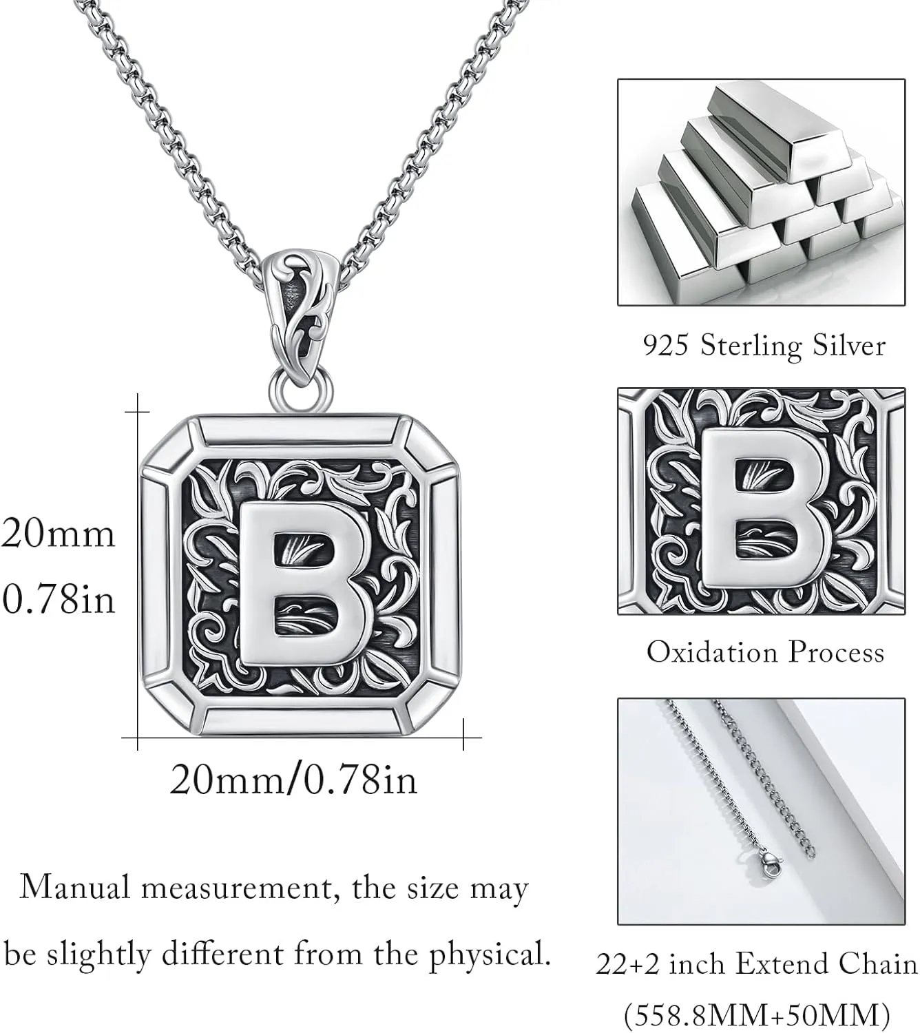Initial Letter Necklace 925 Sterling Silver Unisex Retro Letter Pendant,Square Initial Necklace Jewelry Birthday Gifts for Men Father Husband
