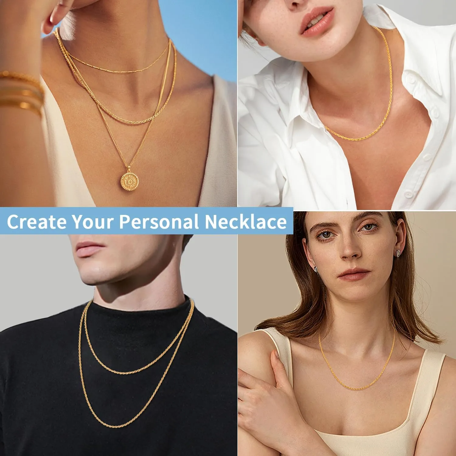 Jewlpire 2MM Italian Luxury Solid 18k Gold Over 925 Sterling Silver Chain Necklace for Women Men, Diamond Cut Rope Chain Sturdy & Comfortable Women's Chain Necklaces, 16 18 20 22 24 26 Inch