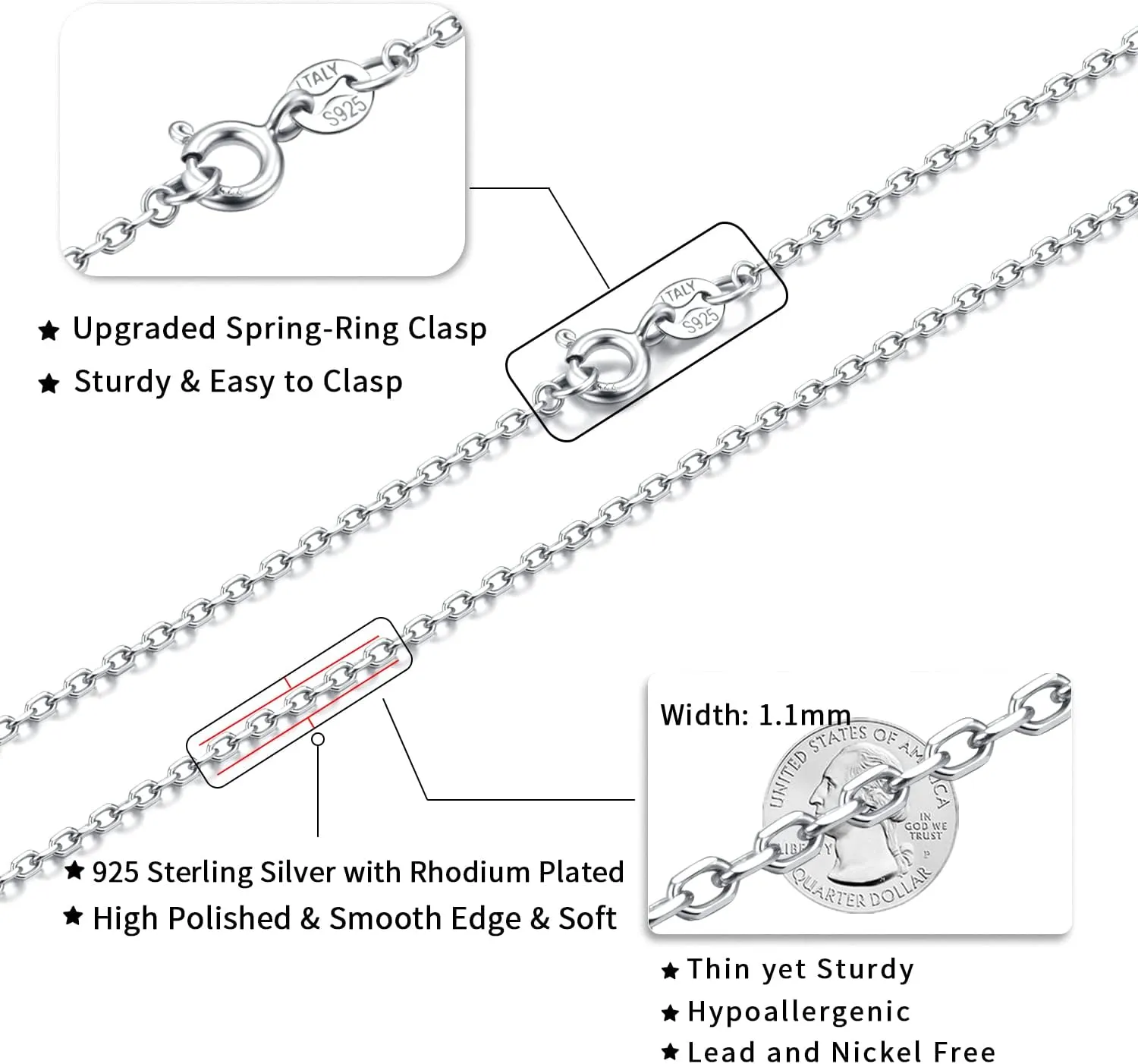 Jewlpire 925 Sterling Silver Chain Necklace Chain for Women 1.1mm Cable Chain Necklace Upgraded Spring-Ring Clasp - Thin & Sturdy - Italian Quality 16/18/20/22/24 Inch