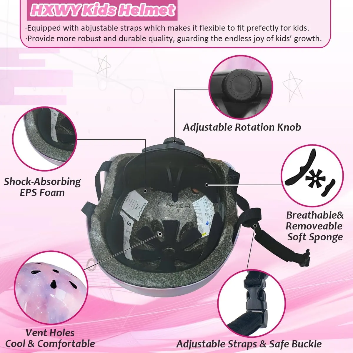 Kids Bike Helmet for Girls Toddler Youth CPSC Certified, Adjustable Starry Pink Protective Helmets for Multi-Sports Cycling Skateboard Scooter Skating Rollerblading