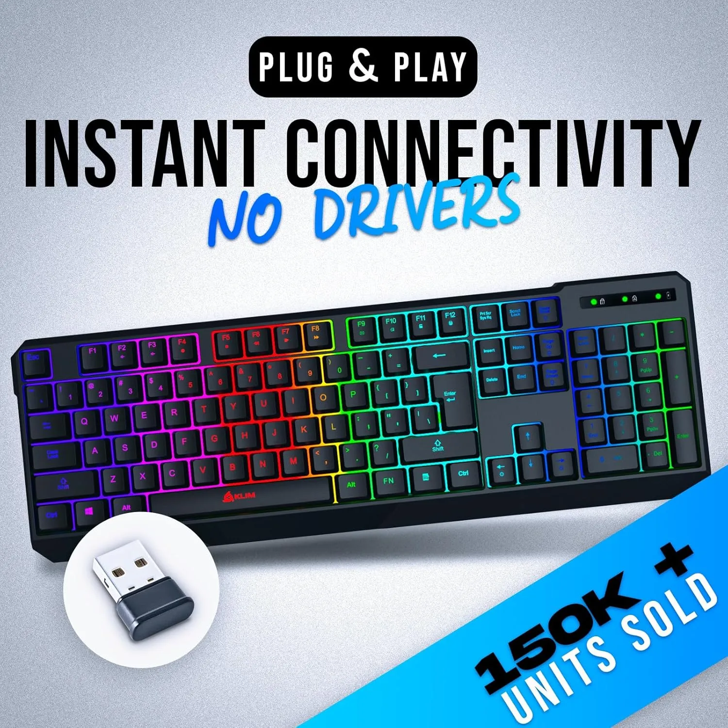 KLIM Chroma Wireless Gaming Keyboard RGB  Backlit Keyboard with Rechargeable Battery  Quiet, Water-Resistant, Ergonomic Design  Teclado Gamer for PC, PS5, PS4, Mac  Black