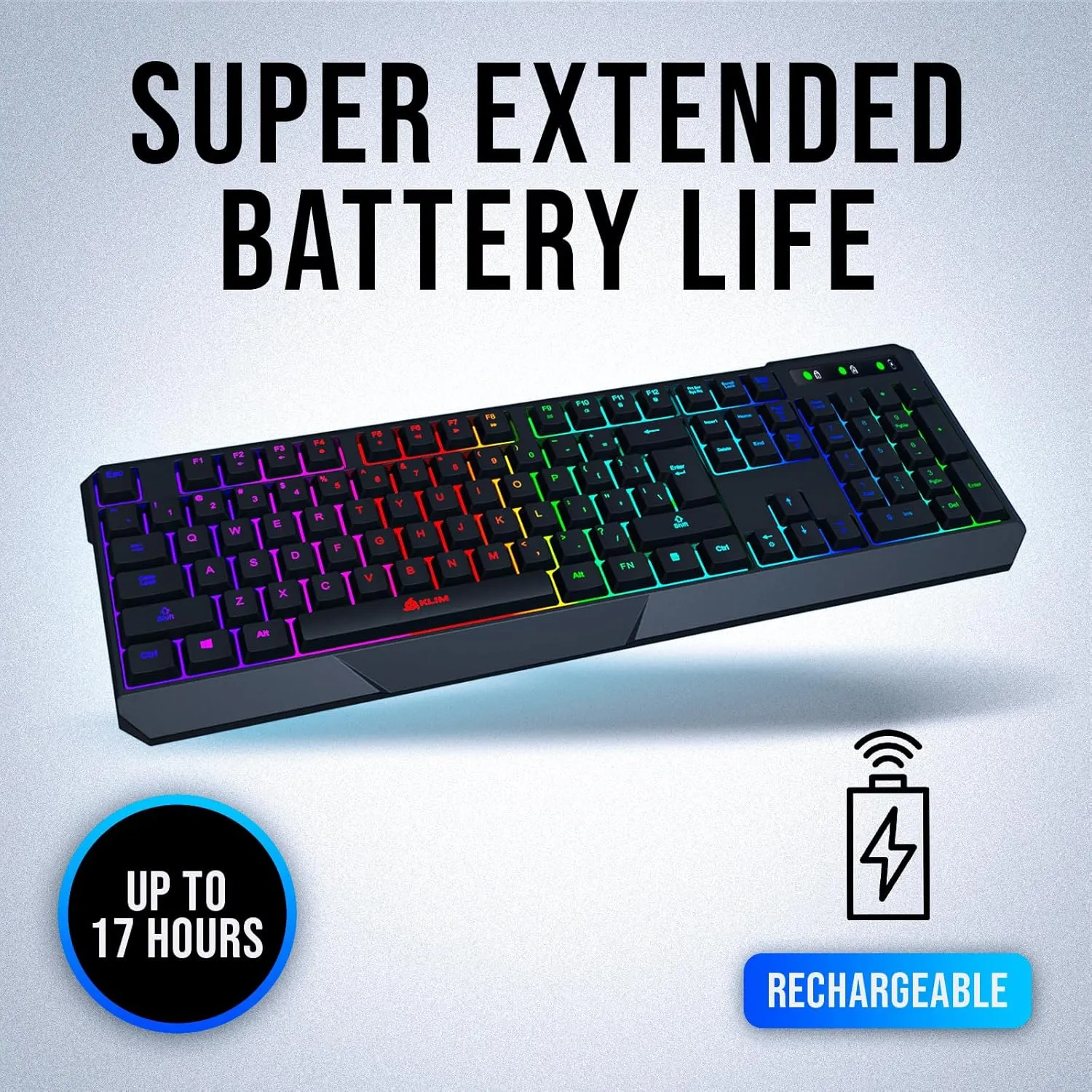 KLIM Chroma Wireless Gaming Keyboard RGB  Backlit Keyboard with Rechargeable Battery  Quiet, Water-Resistant, Ergonomic Design  Teclado Gamer for PC, PS5, PS4, Mac  Black