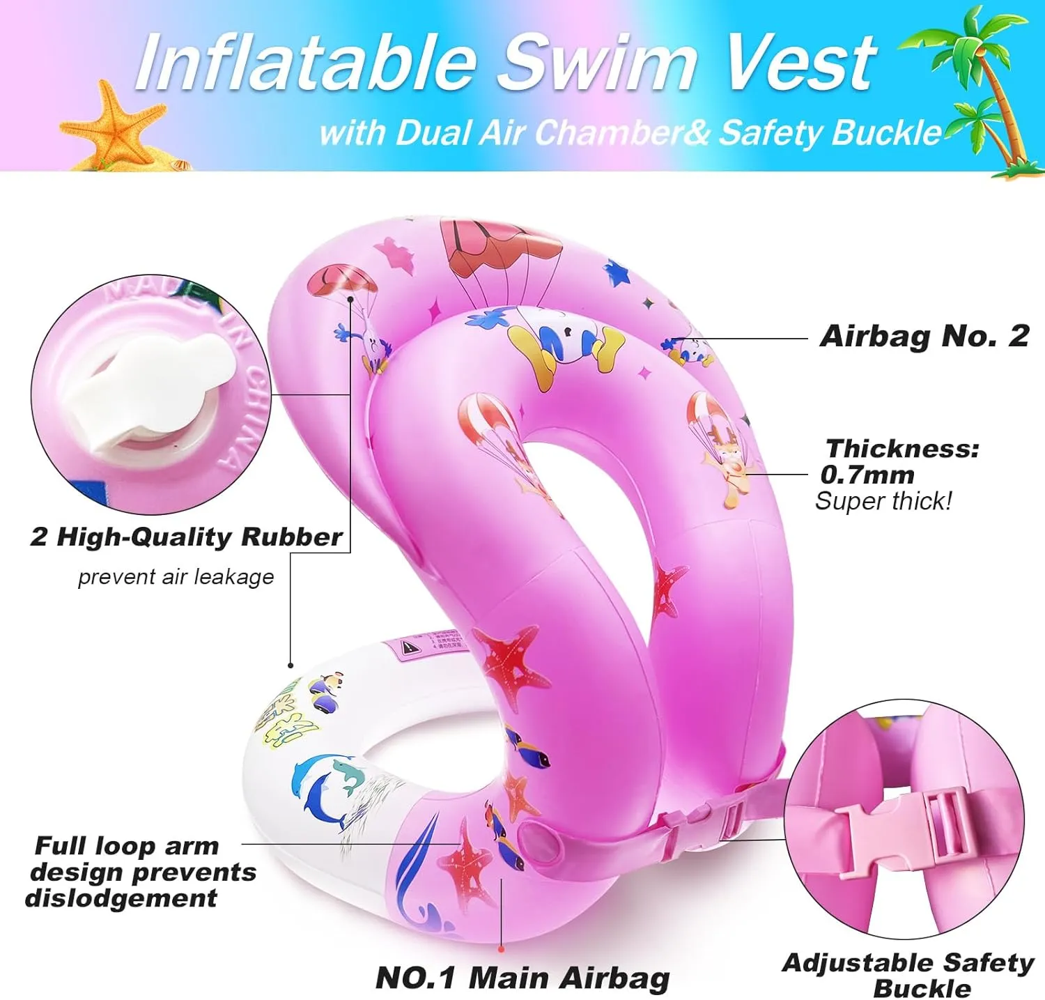 Knoble Swim Vest for Kids 3-12yrs - Portable Inflatable Pool Floats with Adjustable Safety Buckle - Double Surround Air Bag, pink
