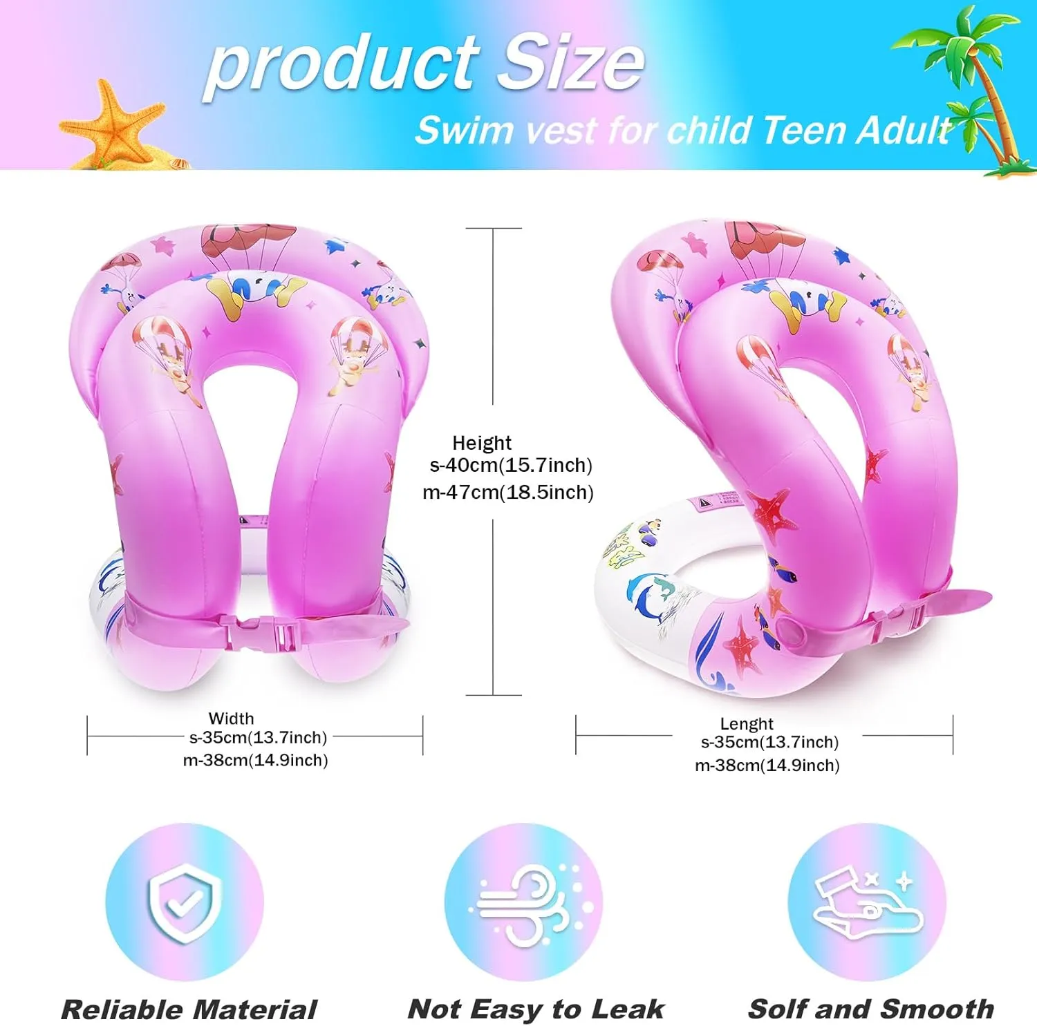 Knoble Swim Vest for Kids 3-12yrs - Portable Inflatable Pool Floats with Adjustable Safety Buckle - Double Surround Air Bag, pink