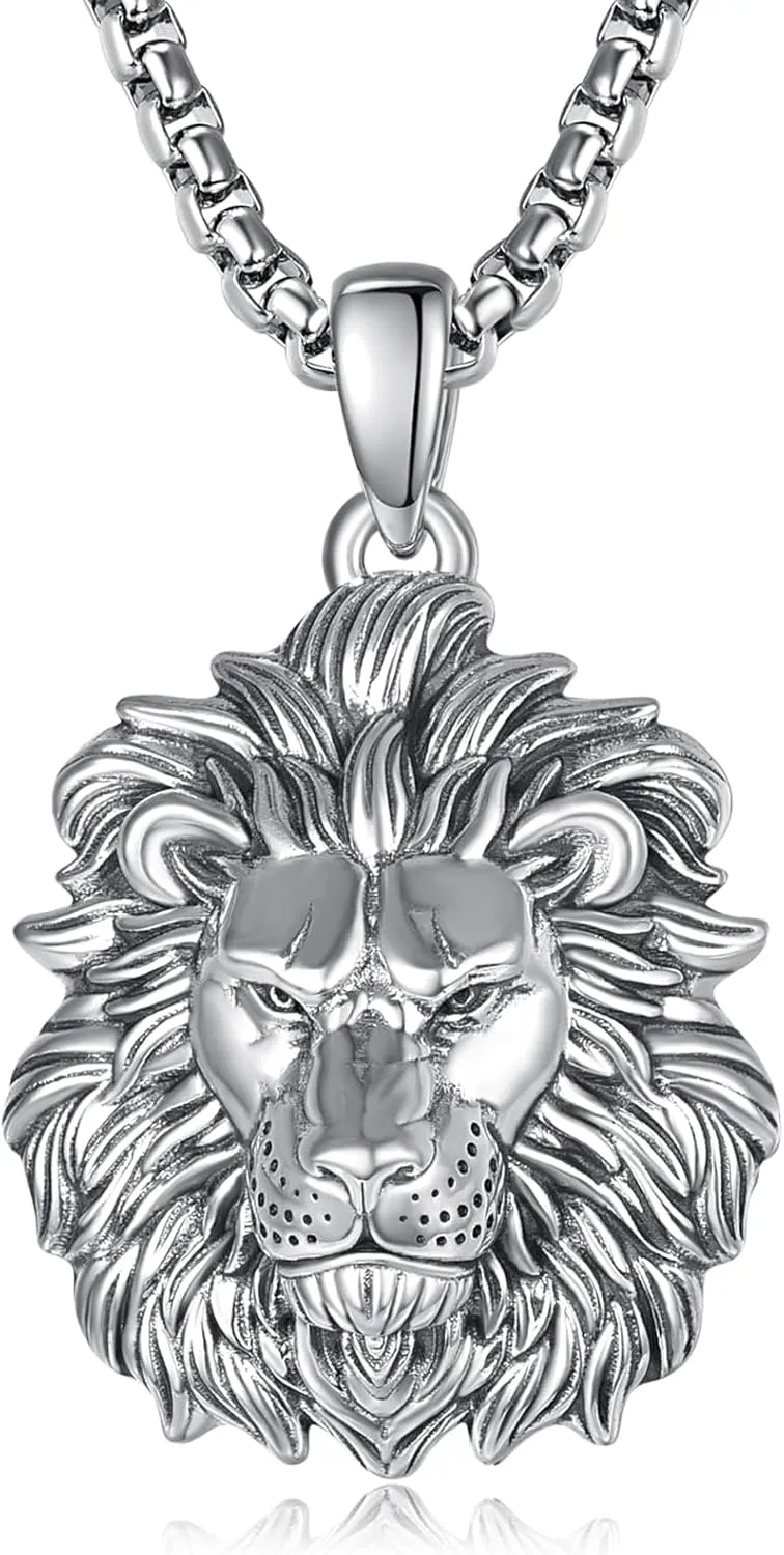 Lion Head Necklace for Men Women 925 Sterling Silver Lion Pendant Necklace for Father Son Boyfriend Husband Brother