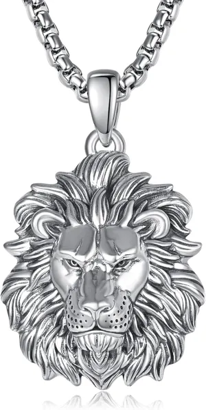 Lion Head Necklace for Men Women 925 Sterling Silver Lion Pendant Necklace for Father Son Boyfriend Husband Brother