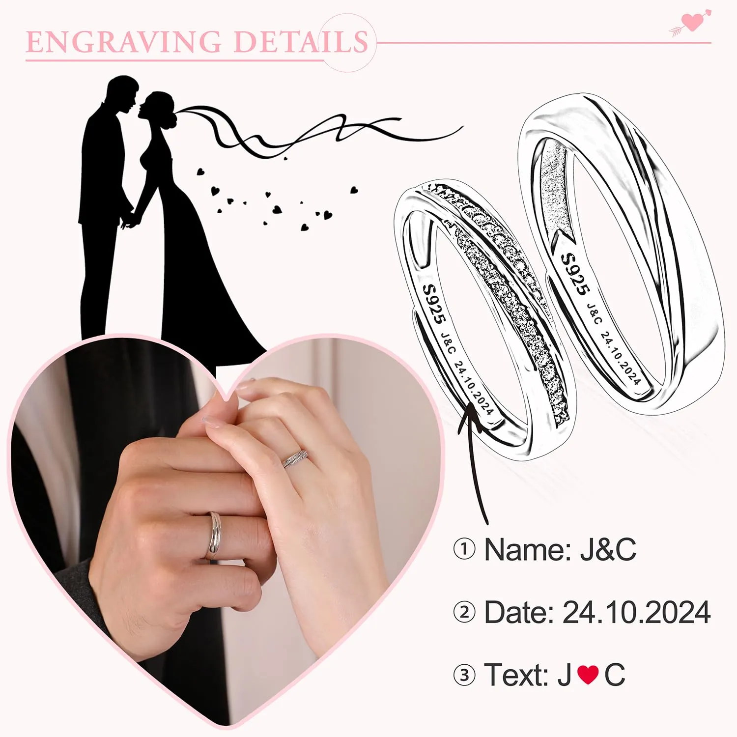 Meissa 2Pcs Couple Rings for Men and Women 925 Sterling Silver Wedding Band Matching Promise Rings Size Adjustable Handmade Bridal Jewelry Size 3-10 (Custom Engraving)