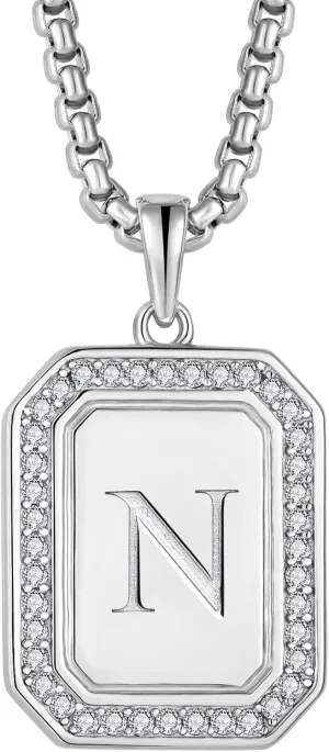 Mens Womens 925 Sterling Silver A-Z Initial Necklace, Cubic Zirconia Dog Tag Pendant Necklace for Men, 24" Rolo Chain Initial Jewelry