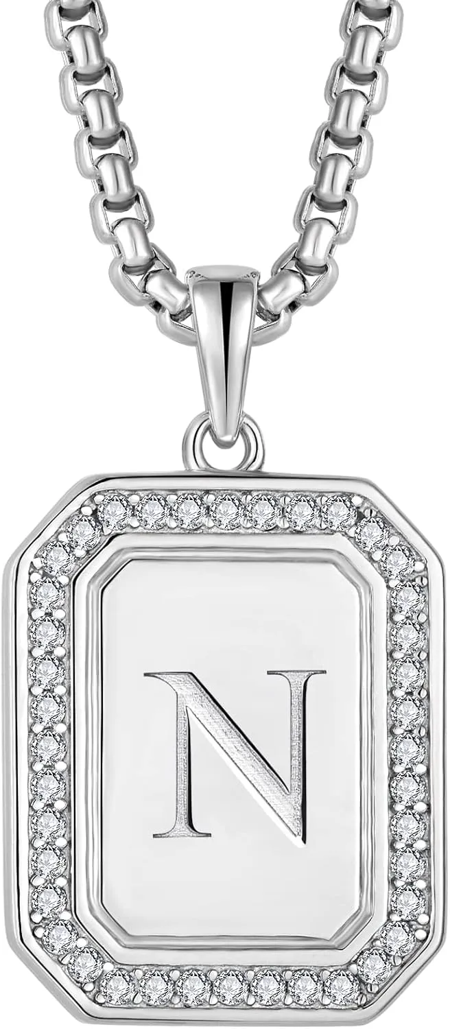 Mens Womens 925 Sterling Silver A-Z Initial Necklace, Cubic Zirconia Dog Tag Pendant Necklace for Men, 24" Rolo Chain Initial Jewelry