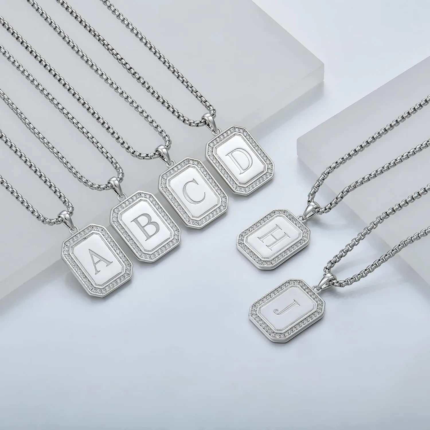 Mens Womens 925 Sterling Silver A-Z Initial Necklace, Cubic Zirconia Dog Tag Pendant Necklace for Men, 24" Rolo Chain Initial Jewelry