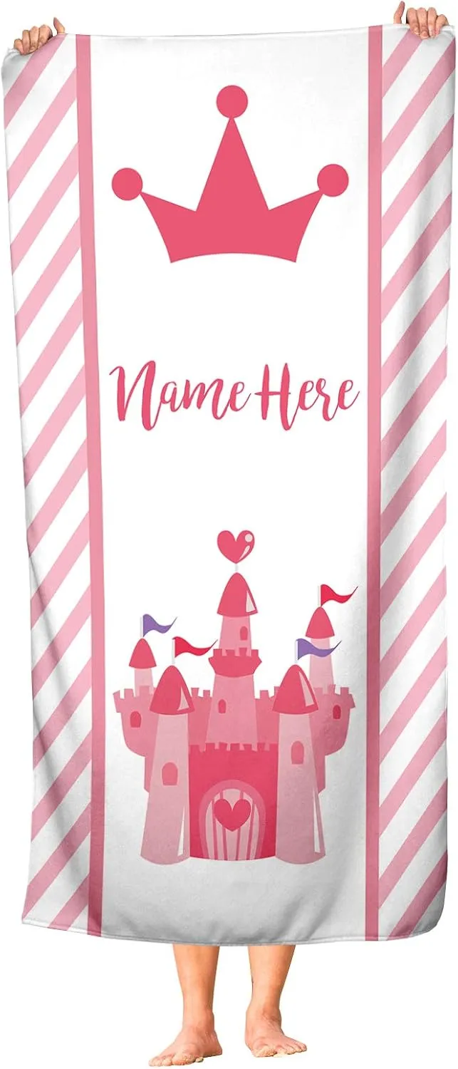 Personalized Pink Princess Towel for Kids - Custom Travel Beach Pool and Bath Towels for Adults Toddler Baby Girls