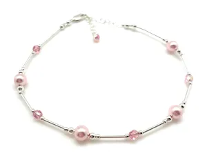 Pink Pearl and Crystal Sterling Silver Anklet Beach Wedding Bridesmaid Anniversary Gift (Large 9 1/2" - 11")