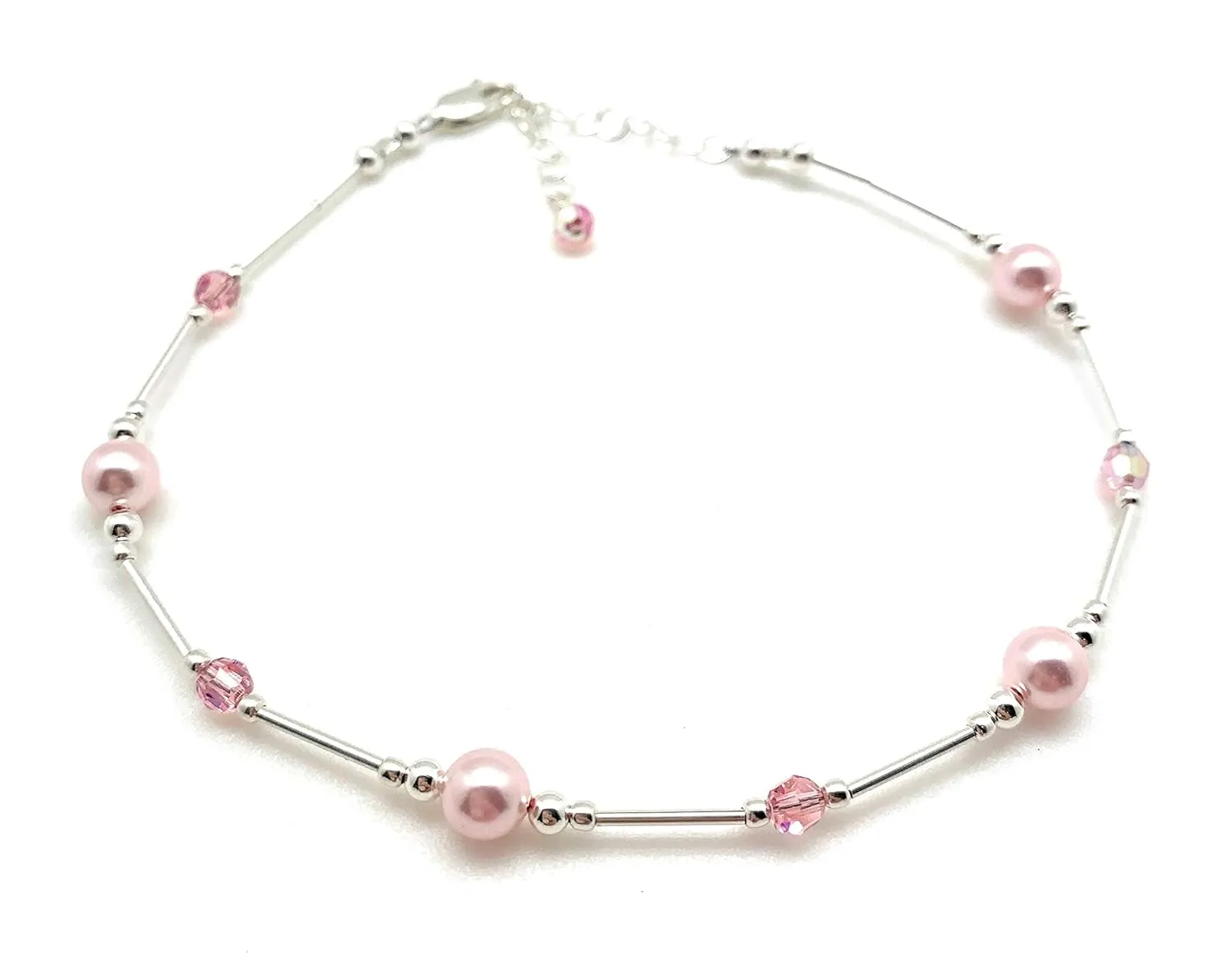 Pink Pearl and Crystal Sterling Silver Anklet Beach Wedding Bridesmaid Anniversary Gift (Large 9 1/2" - 11")