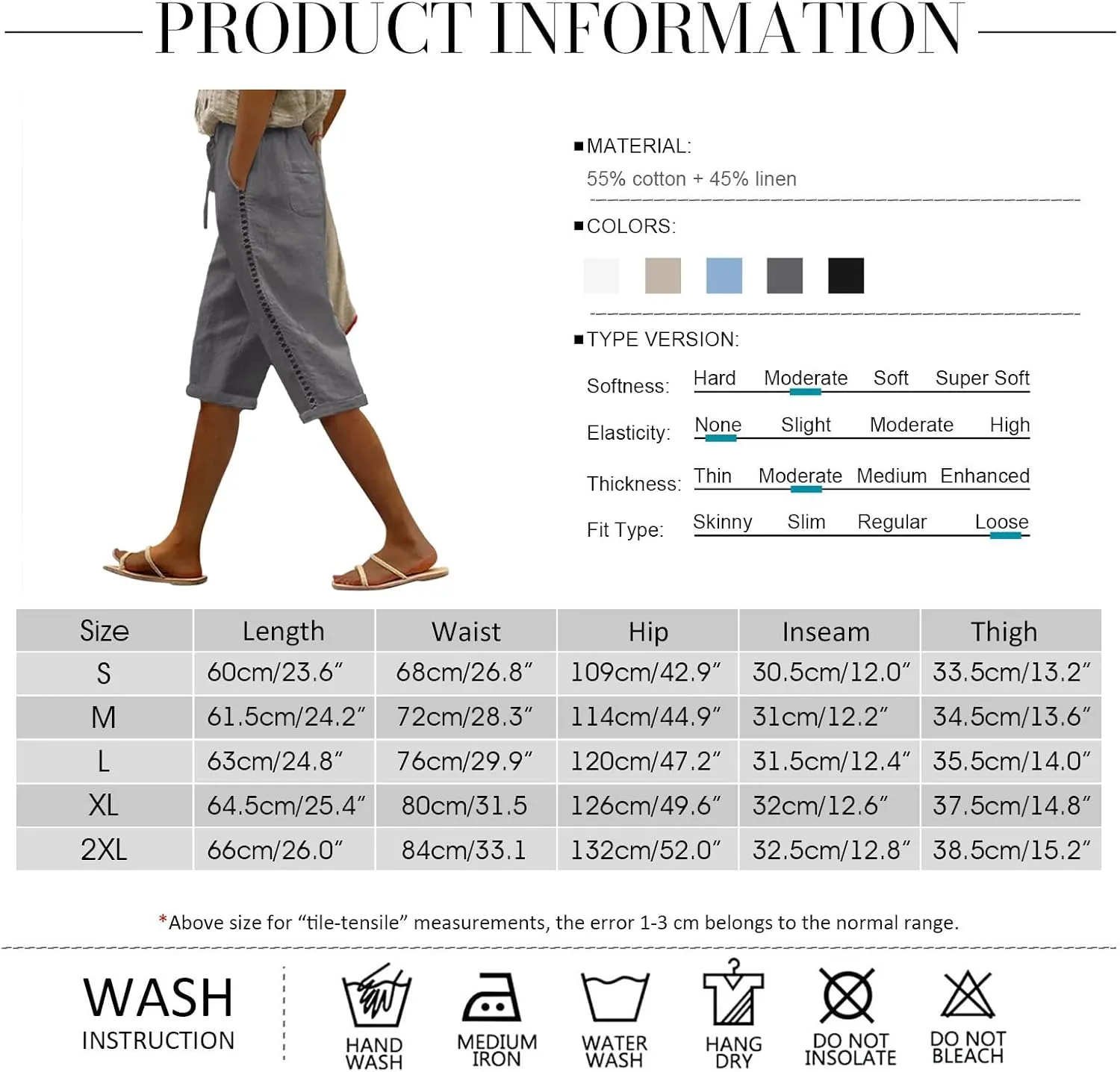 Puimentiua Women Linen Shorts Casual Knee Length Bermuda Shorts with Hollow Side Summer Beach Lightweight Capri Pants