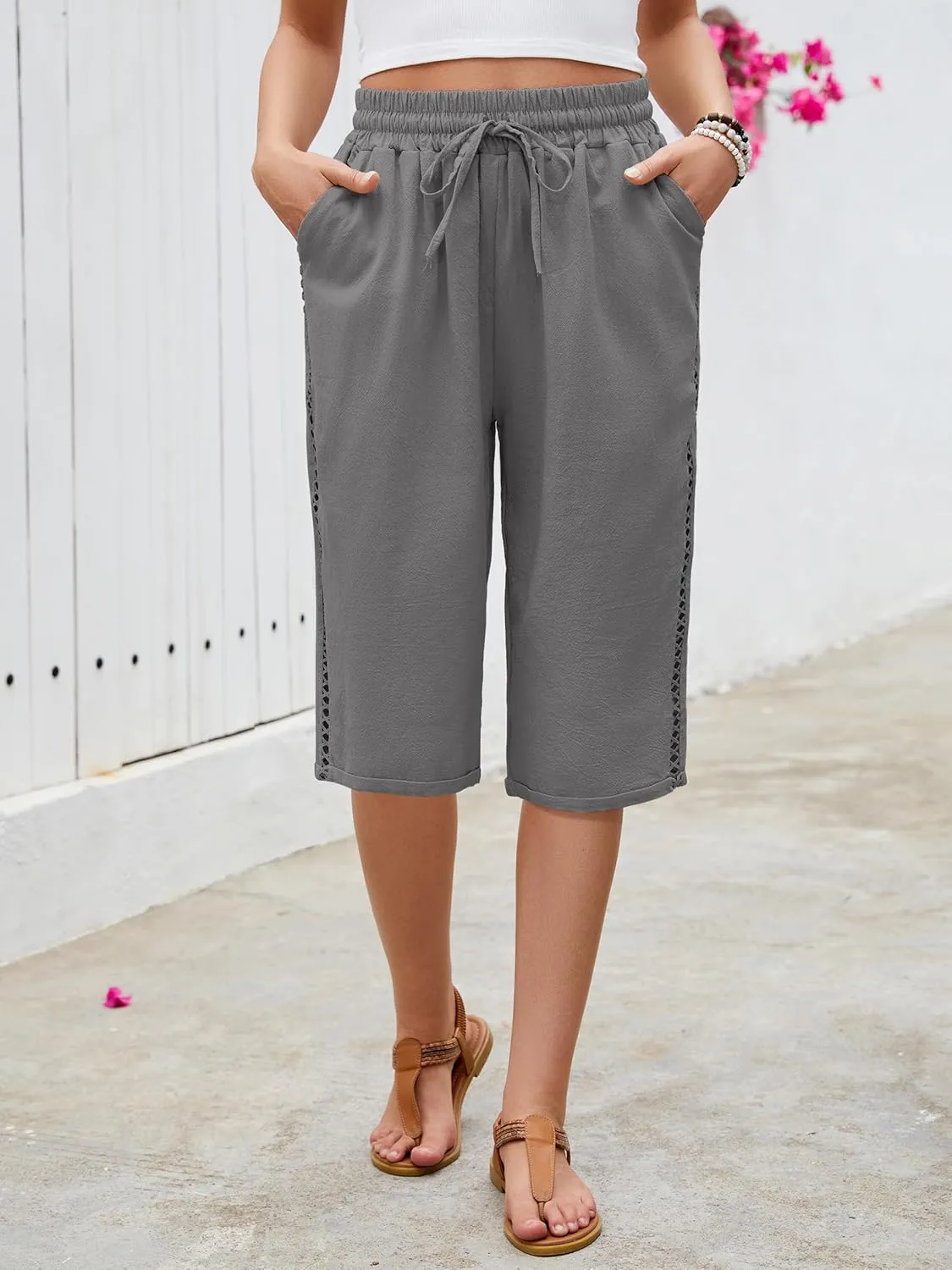 Puimentiua Women Linen Shorts Casual Knee Length Bermuda Shorts with Hollow Side Summer Beach Lightweight Capri Pants