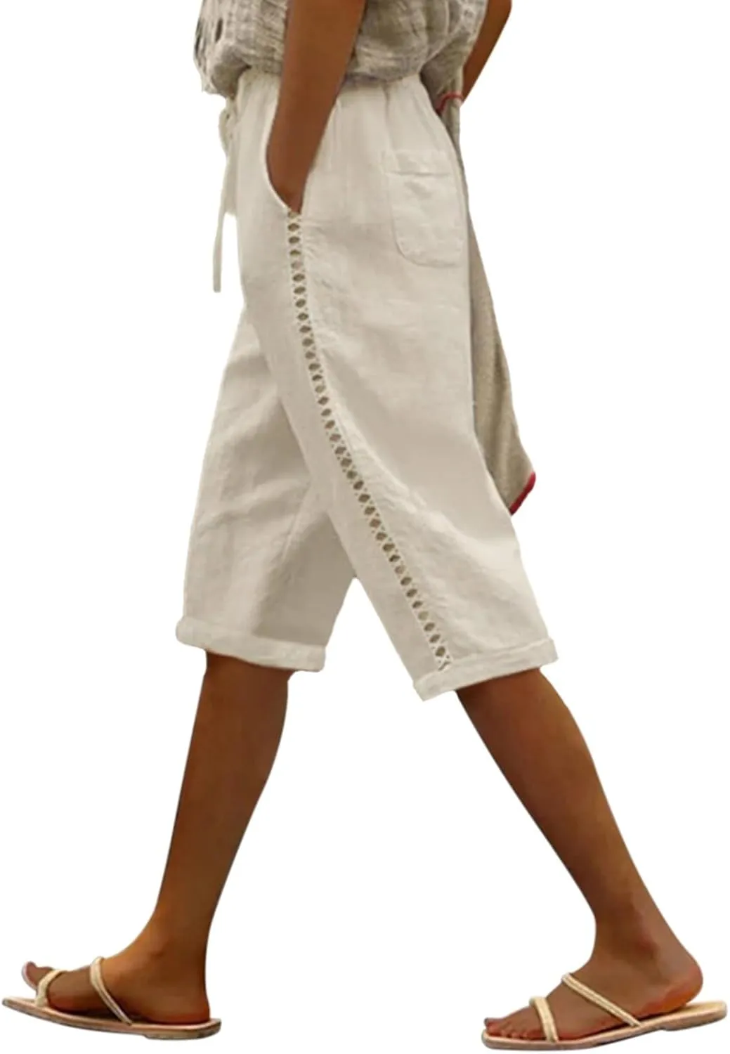Puimentiua Women Linen Shorts Casual Knee Length Bermuda Shorts with Hollow Side Summer Beach Lightweight Capri Pants