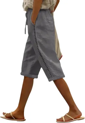 Puimentiua Women Linen Shorts Casual Knee Length Bermuda Shorts with Hollow Side Summer Beach Lightweight Capri Pants