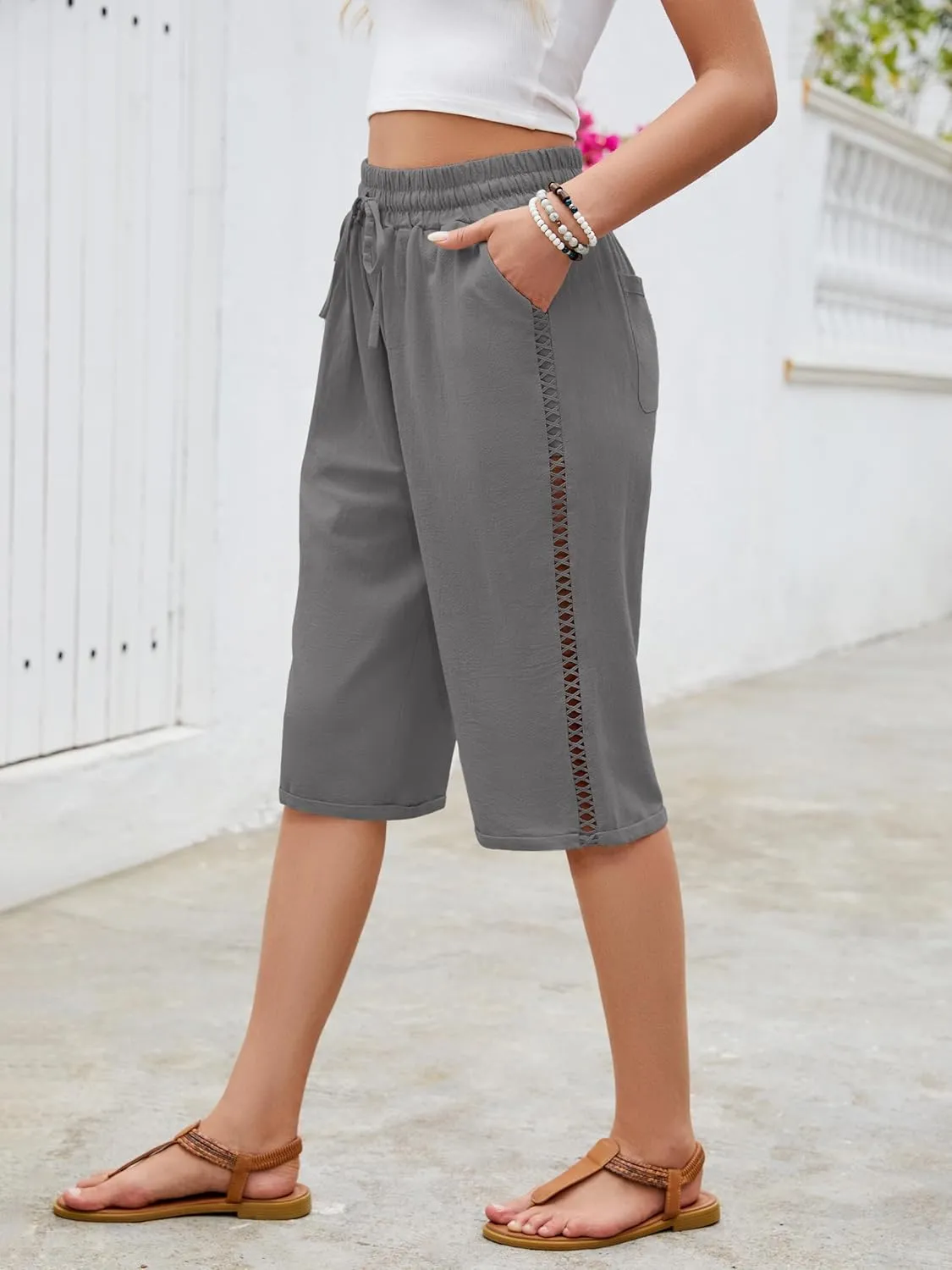 Puimentiua Women Linen Shorts Casual Knee Length Bermuda Shorts with Hollow Side Summer Beach Lightweight Capri Pants