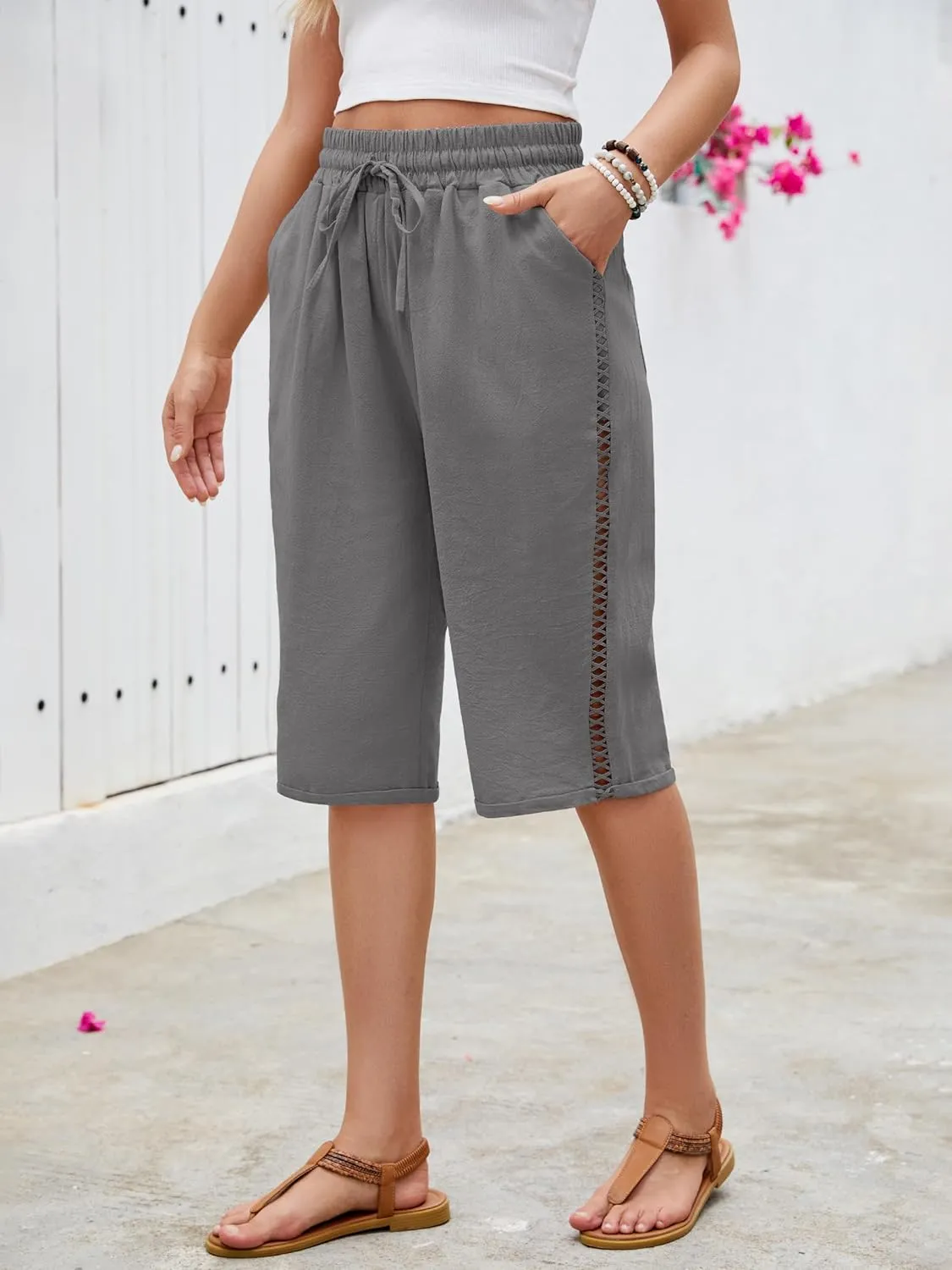 Puimentiua Women Linen Shorts Casual Knee Length Bermuda Shorts with Hollow Side Summer Beach Lightweight Capri Pants
