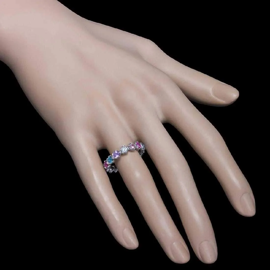 Sapphire and Diamond Eternity Band in 18K White Gold-Flower Motif
